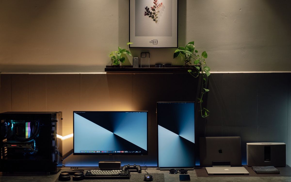A home computer workspace with screens and plants